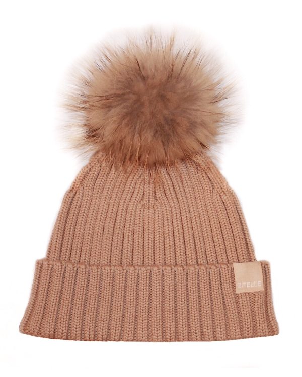 Bisque ribbed knit with fur pom