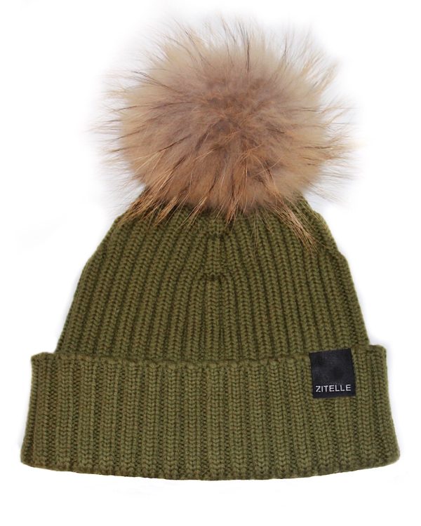 Olive Green ribbed knit with fur pom