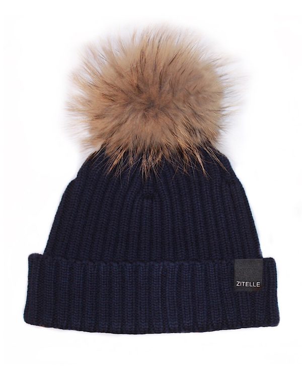 Navy ribbed knit with fur pom